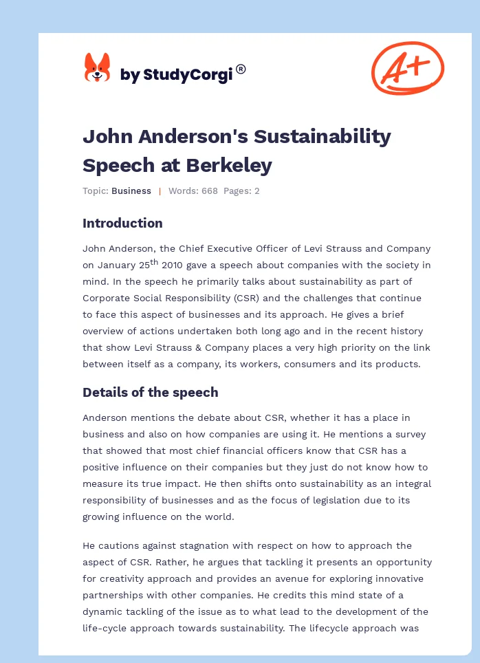 John Anderson's Sustainability Speech at Berkeley. Page 1
