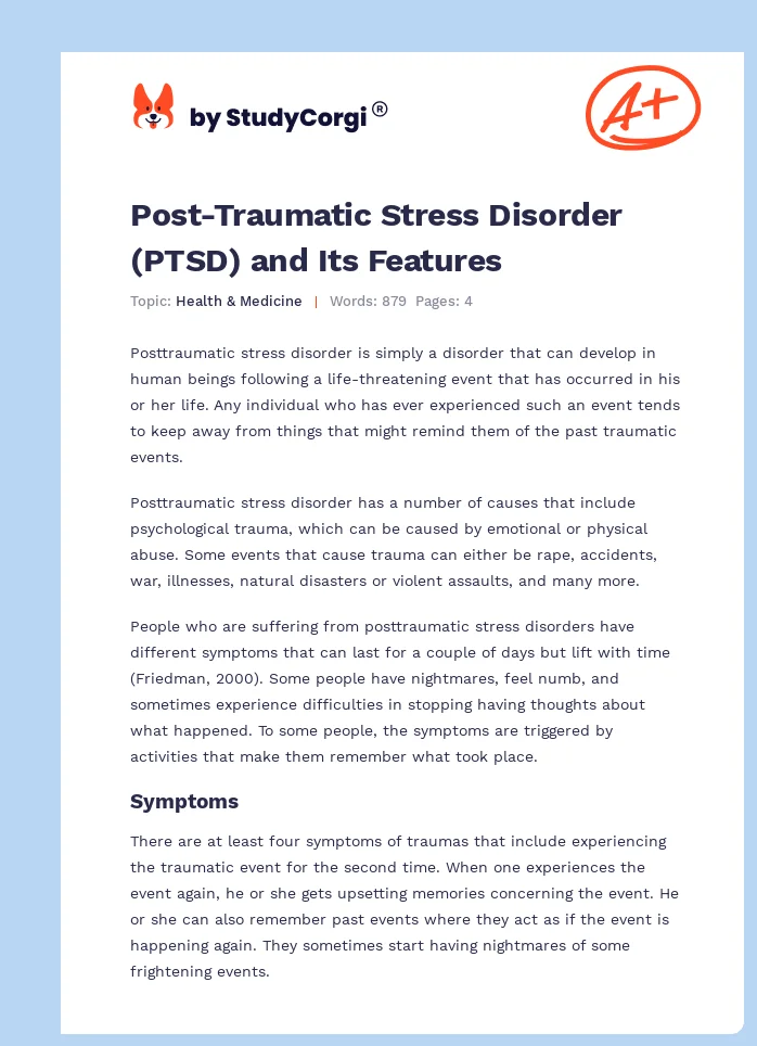 Post-Traumatic Stress Disorder (PTSD) and Its Features. Page 1