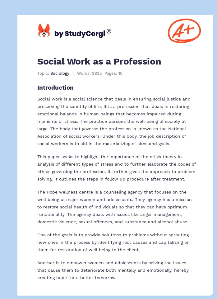Social Work as a Profession. Page 1