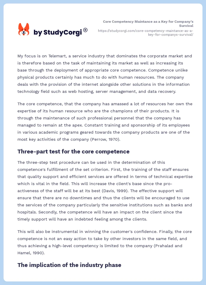 Core Competency Maintance as a Key for Company’s Survival. Page 2