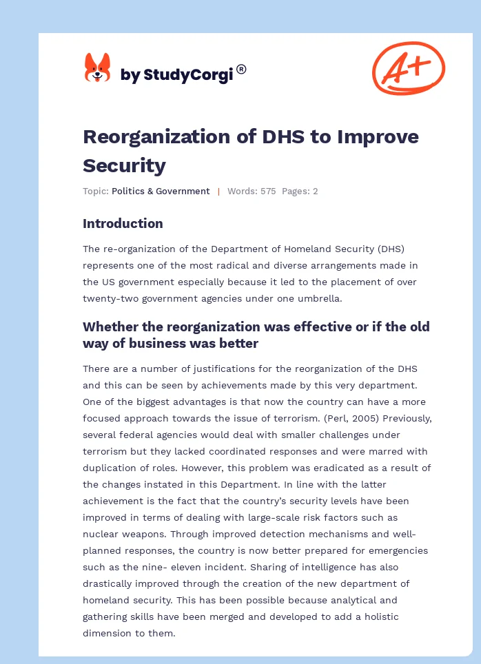 Reorganization of DHS to Improve Security. Page 1
