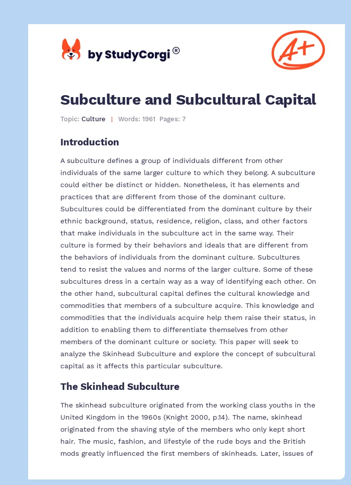 Subculture and Subcultural Capital. Page 1