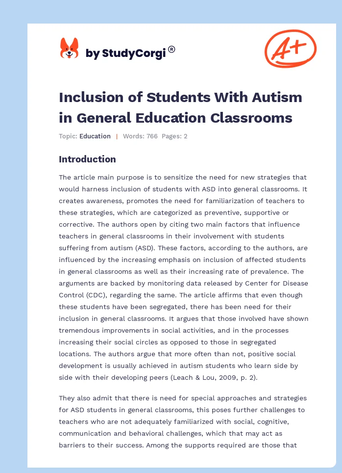Inclusion of Students With Autism in General Education Classrooms. Page 1