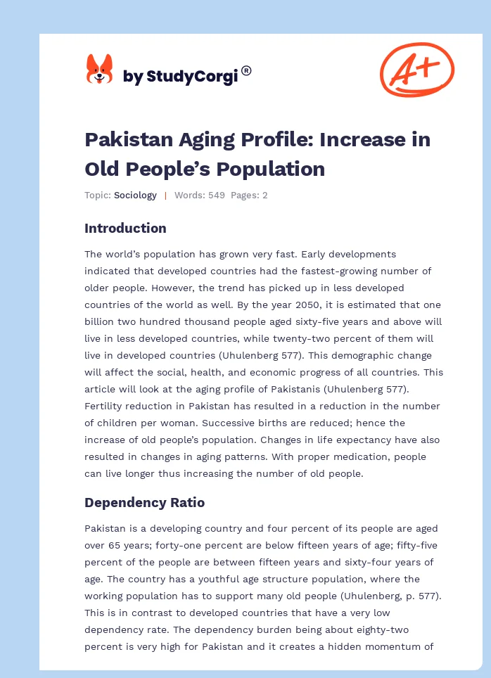 Pakistan Aging Profile: Increase in Old People’s Population. Page 1