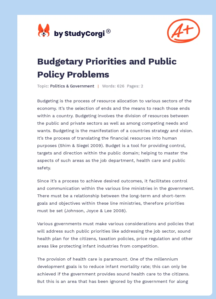 Budgetary Priorities and Public Policy Problems. Page 1