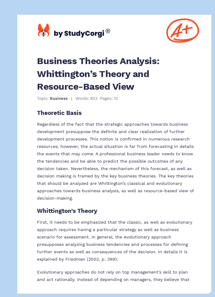 Business Theories Analysis: Whittington’s Theory and Resource-Based View. Page 1
