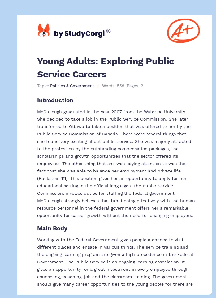 Young Adults: Exploring Public Service Careers. Page 1