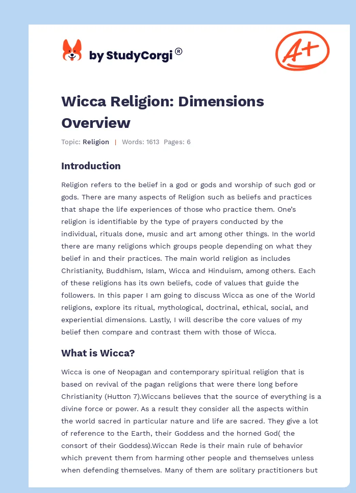 Wicca Religion: Dimensions Overview. Page 1