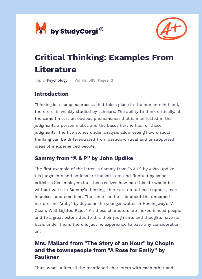 Critical Thinking: Examples From Literature. Page 1