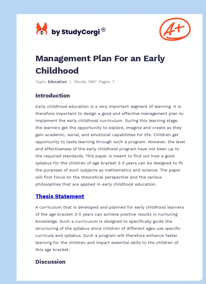 Management Plan For an Early Childhood. Page 1