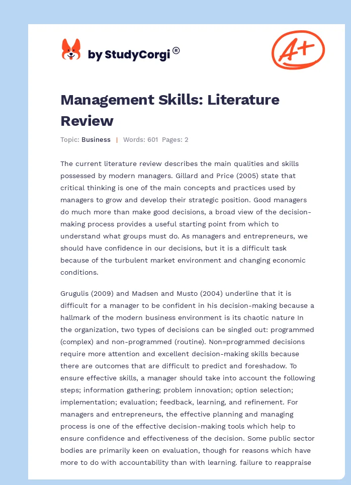 Management Skills: Literature Review. Page 1