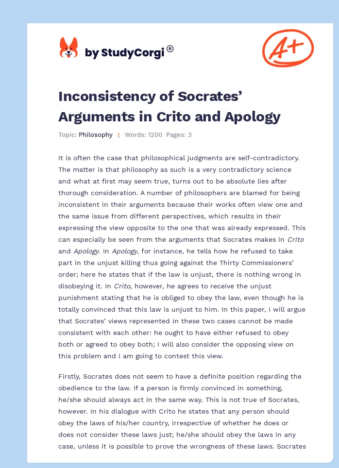 Inconsistency of Socrates’ Arguments in Crito and Apology. Page 1
