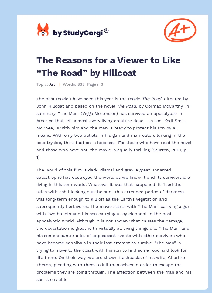 The Reasons for a Viewer to Like “The Road” by Hillcoat. Page 1