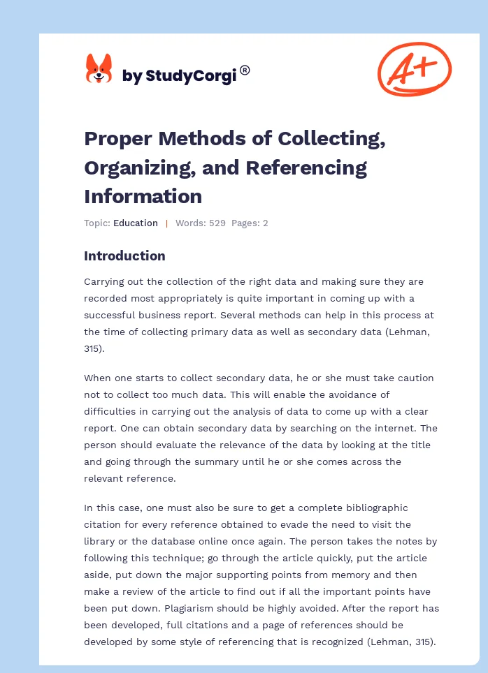 Proper Methods of Collecting, Organizing, and Referencing Information. Page 1