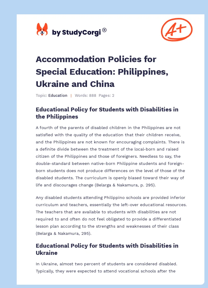 Accommodation Policies for Special Education: Philippines, Ukraine and China. Page 1