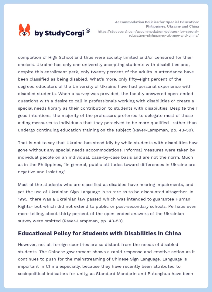Accommodation Policies for Special Education: Philippines, Ukraine and China. Page 2