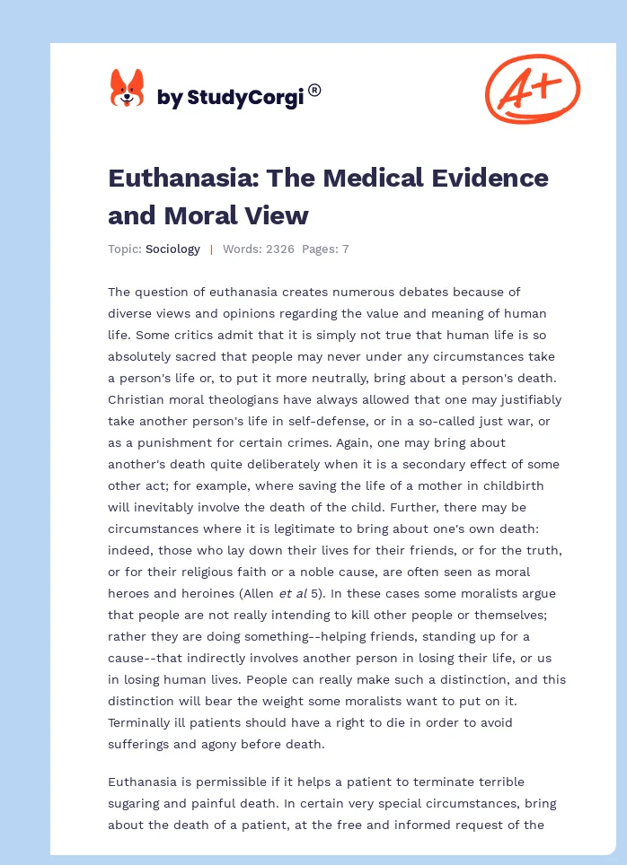 Euthanasia: The Medical Evidence and Moral View. Page 1