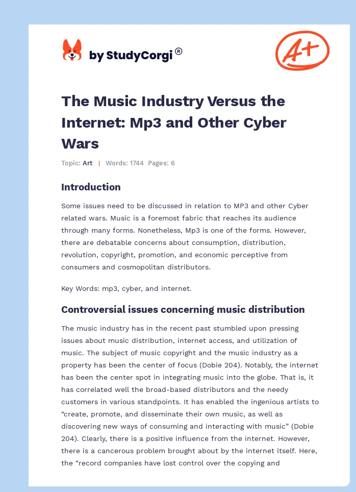 The Music Industry Versus the Internet: Mp3 and Other Cyber Wars. Page 1