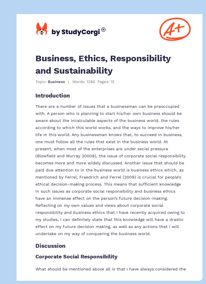 Business, Ethics, Responsibility and Sustainability. Page 1
