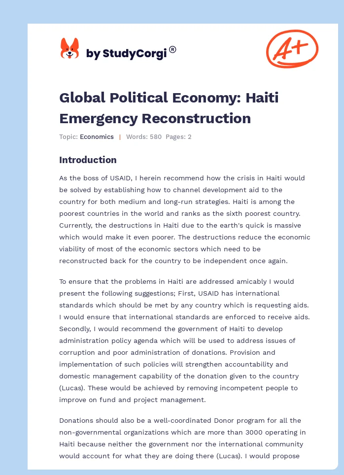 Global Political Economy: Haiti Emergency Reconstruction. Page 1