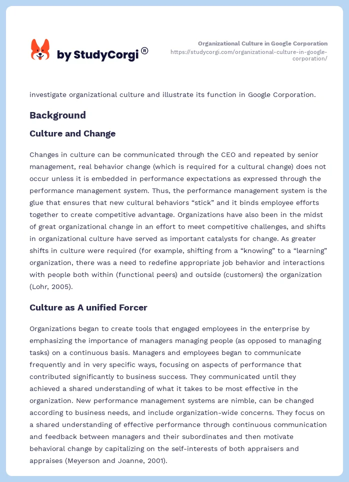 Organizational Culture in Google Corporation. Page 2