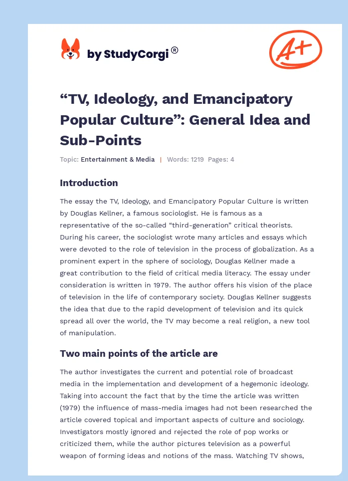 “TV, Ideology, and Emancipatory Popular Culture”: General Idea and Sub-Points. Page 1