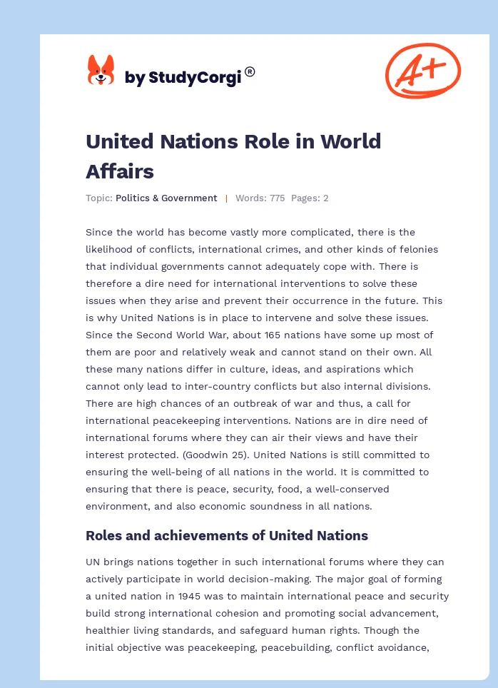 United Nations Role in World Affairs. Page 1