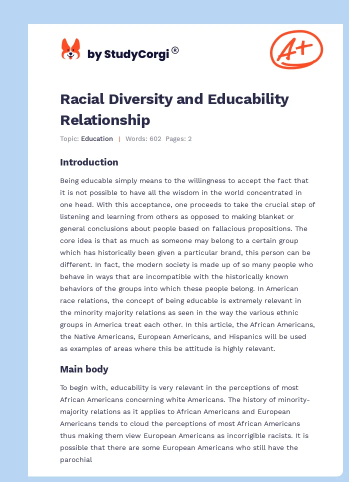 Racial Diversity and Educability Relationship. Page 1