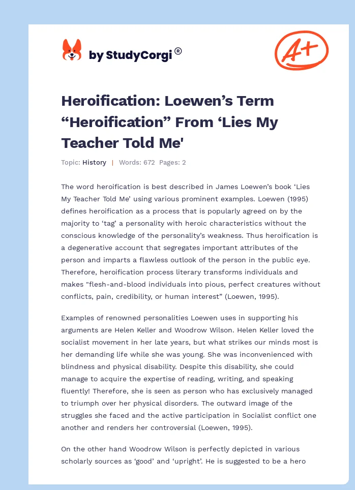Heroification: Loewen’s Term “Heroification” From ‘Lies My Teacher Told Me'. Page 1