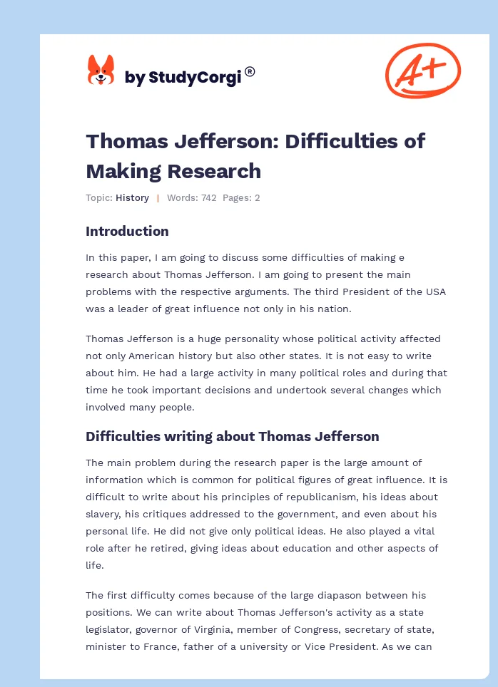 Thomas Jefferson: Difficulties of Making Research. Page 1