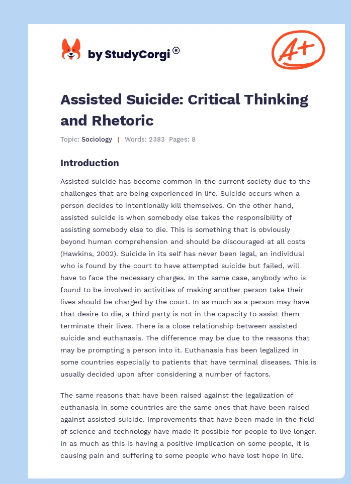 Assisted Suicide: Critical Thinking and Rhetoric. Page 1