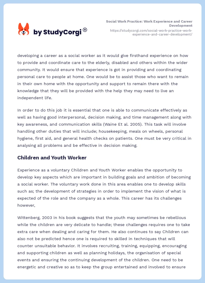 Social Work Practice: Work Experience and Career Development. Page 2