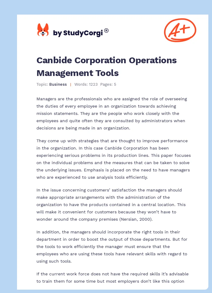 Canbide Corporation Operations Management Tools. Page 1