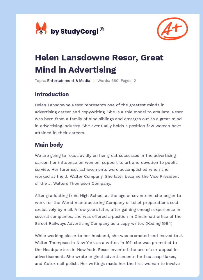 Helen Lansdowne Resor, Great Mind in Advertising. Page 1