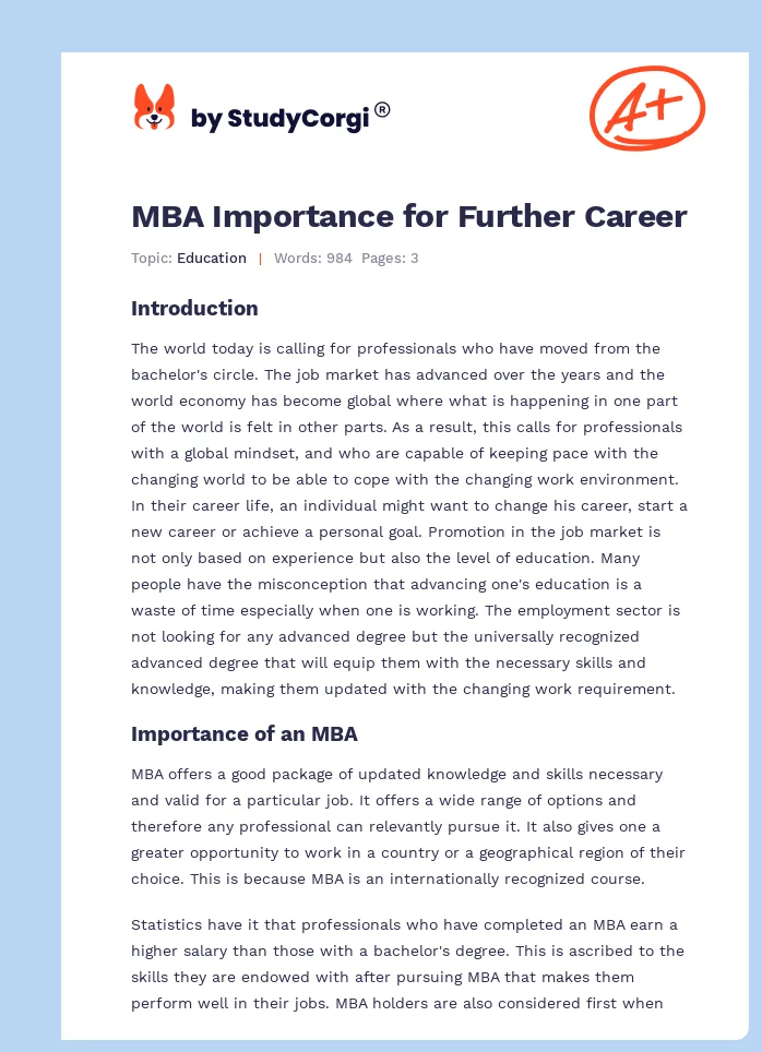 MBA Importance for Further Career. Page 1