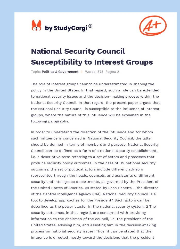 National Security Council Susceptibility to Interest Groups. Page 1