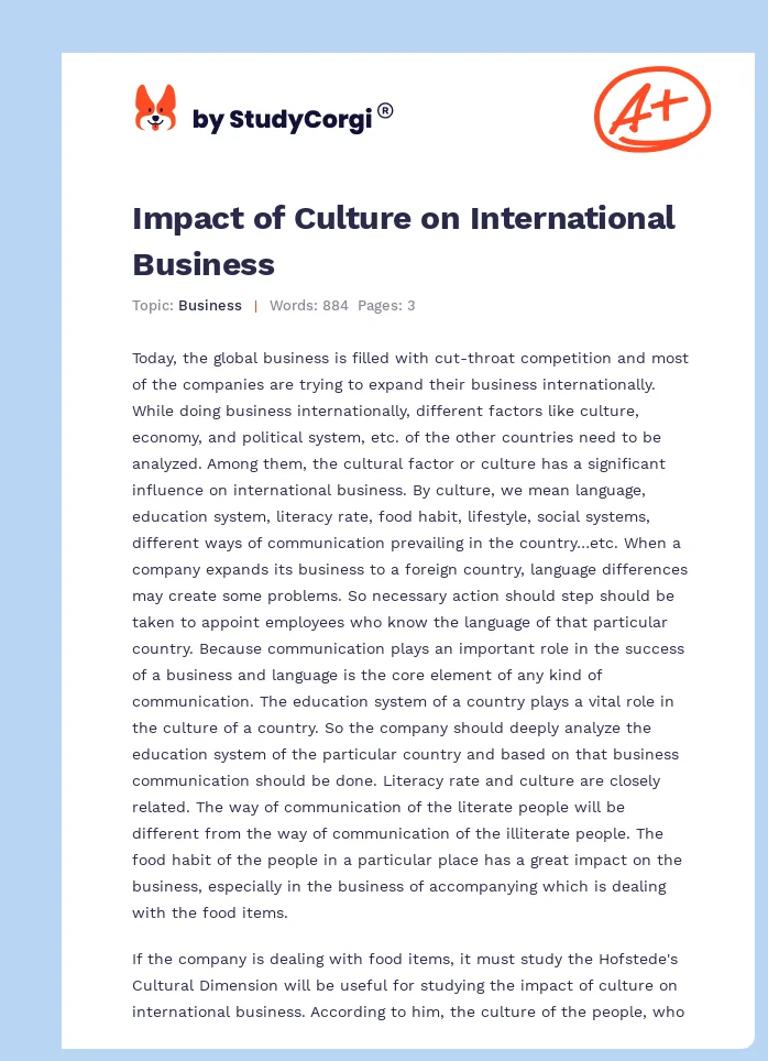 Impact of Culture on International Business. Page 1