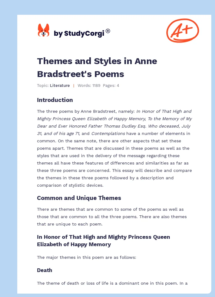 Themes and Styles in Anne Bradstreet's Poems. Page 1