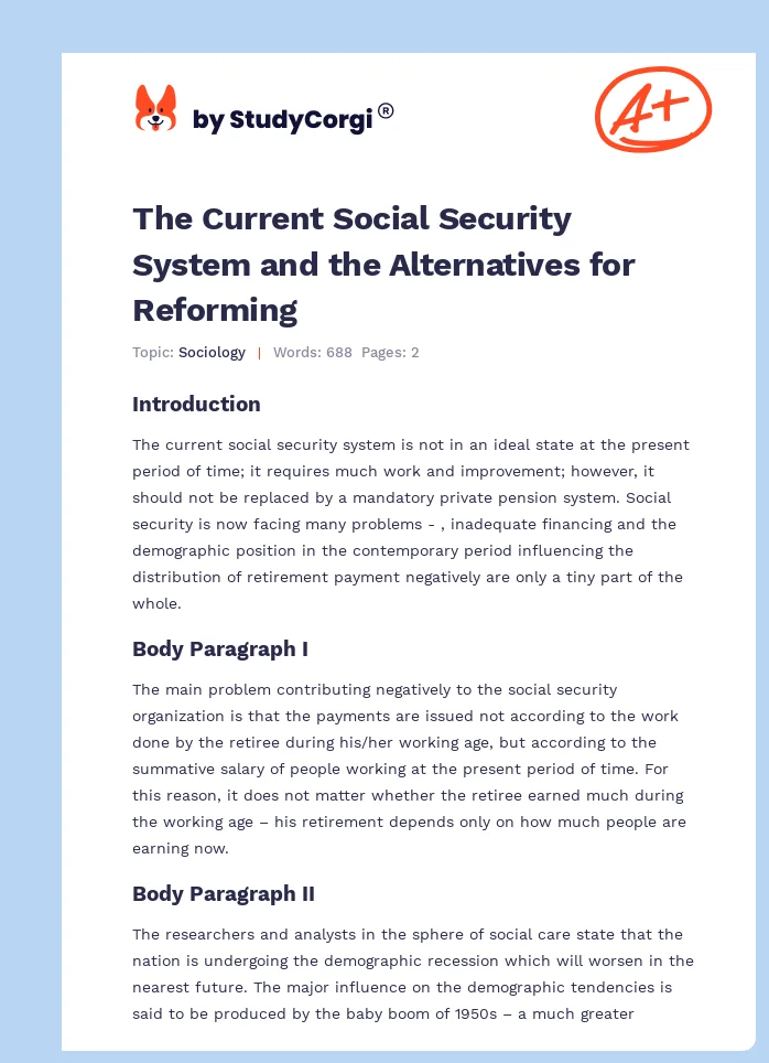 The Current Social Security System and the Alternatives for Reforming. Page 1