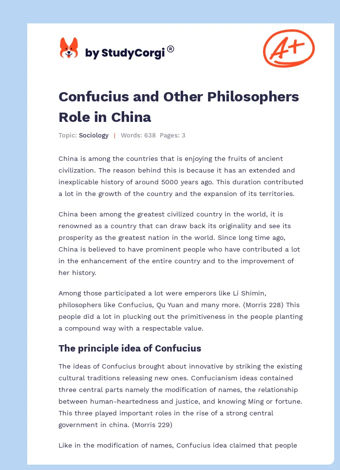 Confucius and Other Philosophers Role in China. Page 1