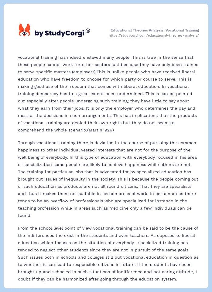 Educational Theories Analysis: Vocational Training. Page 2