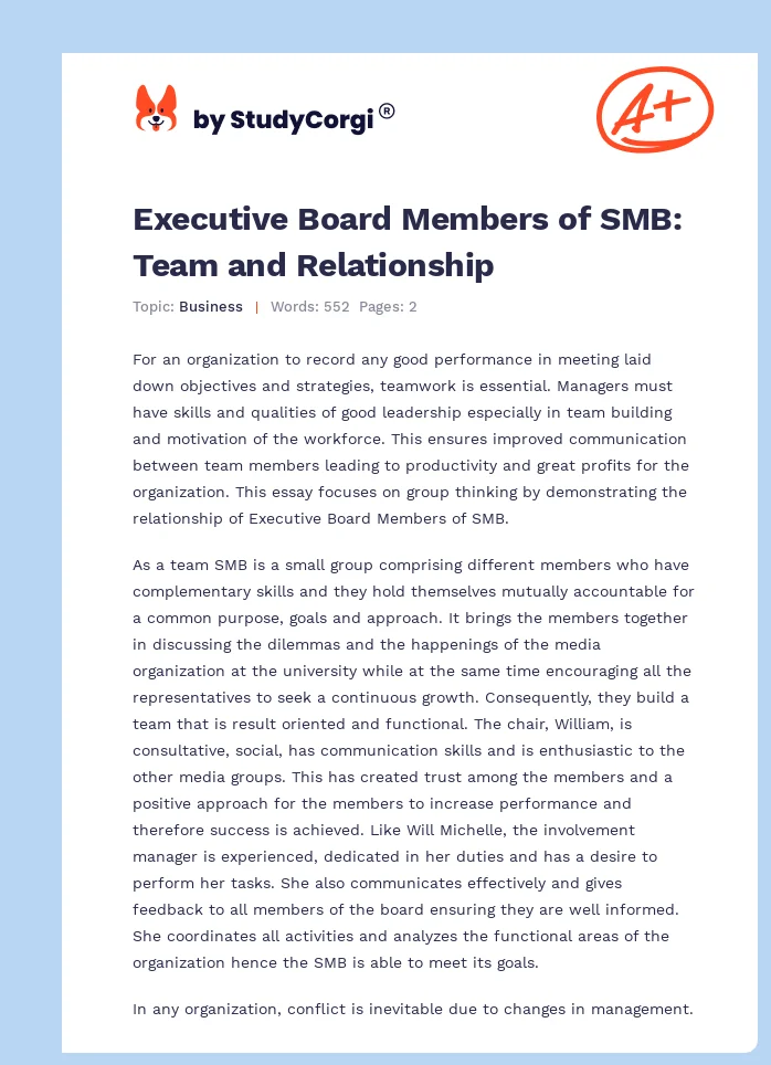 Executive Board Members of SMB: Team and Relationship. Page 1