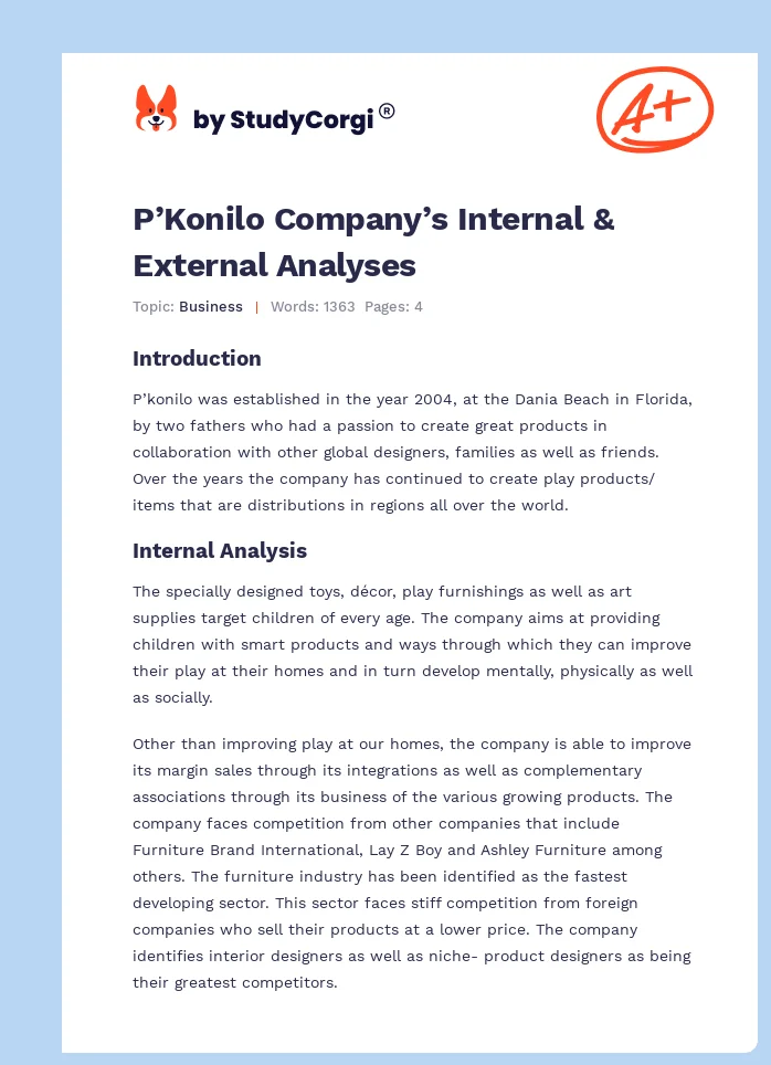 P’Konilo Company’s Internal & External Analyses. Page 1