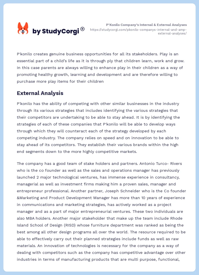 P’Konilo Company’s Internal & External Analyses. Page 2