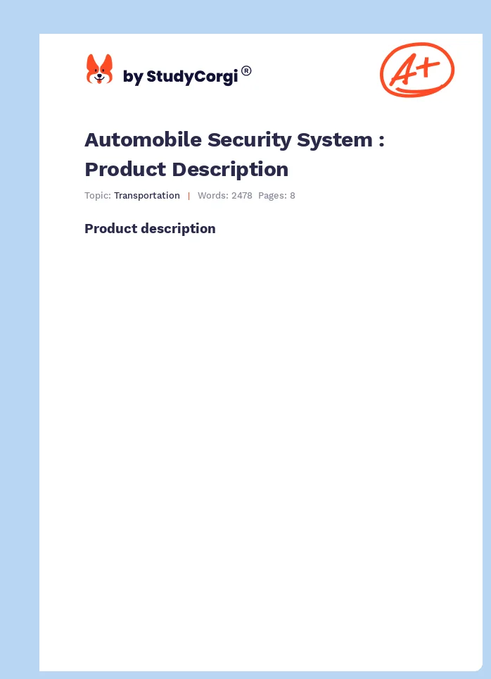 Automobile Security System : Product Description. Page 1