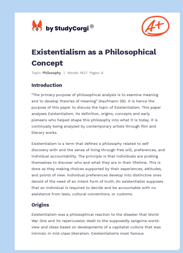 Existentialism as a Philosophical Concept. Page 1