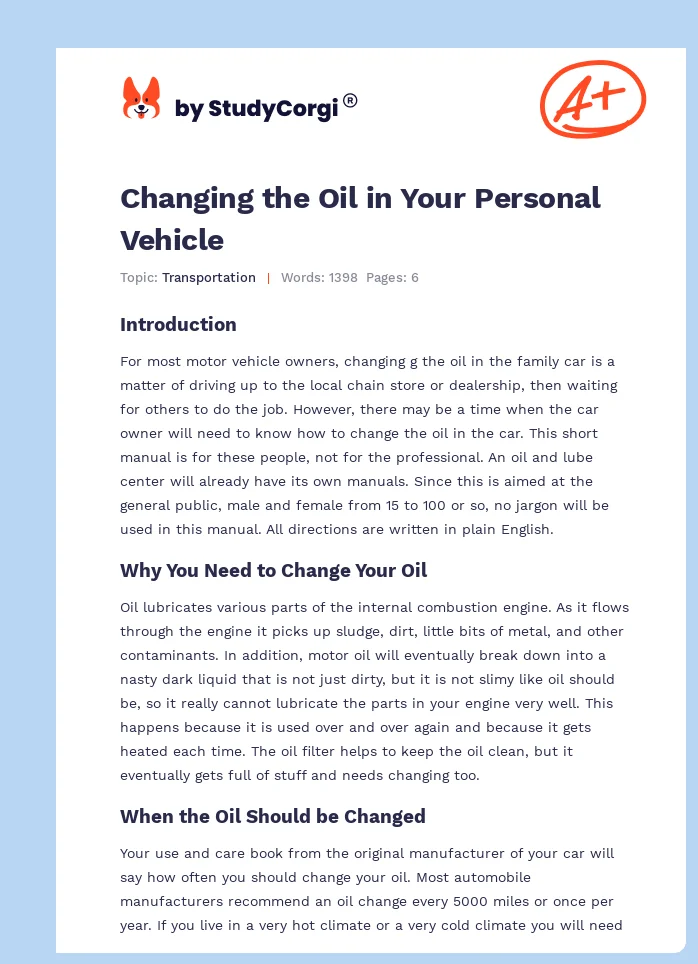 Changing the Oil in Your Personal Vehicle. Page 1