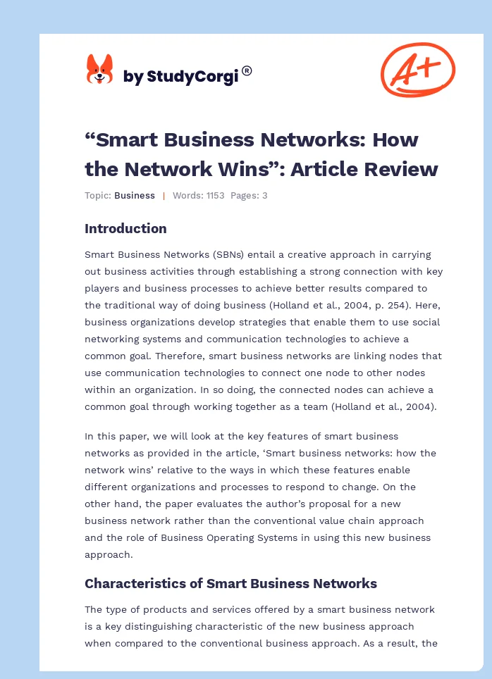 “Smart Business Networks: How the Network Wins”: Article Review. Page 1