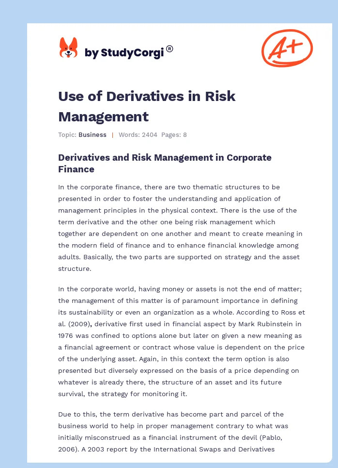 Use of Derivatives in Risk Management. Page 1