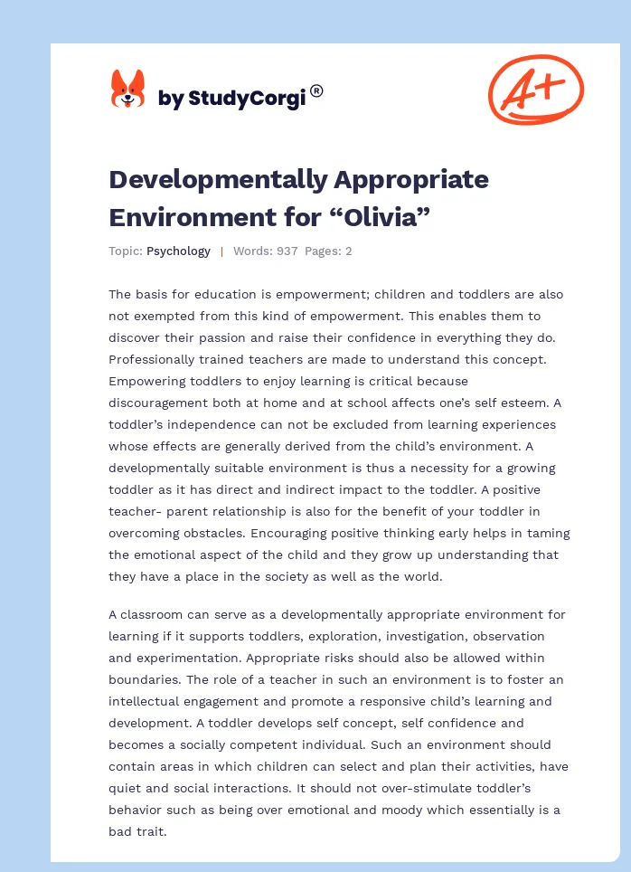 Developmentally Appropriate Environment for “Olivia”. Page 1